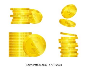Set of gold coins, falling, 3d, editable elements, realistic icon, isolated on white, transparent background for casino banner, money rain, cash, jackpot, luck win...