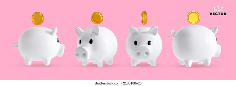 Set of gold coins fly around the white piggy bank. Symbol of profit and growth. Design object for advertising sale. Stability and security of money storage. Realistic vector illustration.