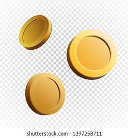 Set of gold coins. Isolated 3d objects in different angles. metallic gradient. Symbol of gold and wealth. Free space for your text. Vector illustration.