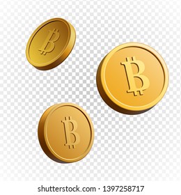 Set of gold coins. Isolated 3d objects in different angles. metallic gradient. Symbol of gold and wealth. Free space for your text. Vector illustration.