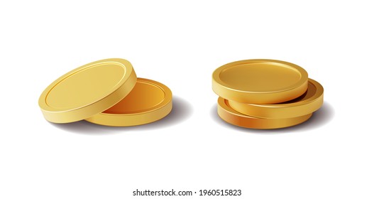 Juego de monedas de oro. Objetos 3d aislados en diferentes ángulos. gradiente metálico. Símbolo de oro y riqueza. Espacio libre para tu texto. Ilustración vectorial.    

