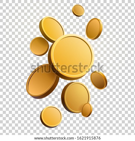 Set of gold coins. Isolated 3d objects in different angles. metallic gradient. Symbol of gold and wealth. Free space for your text. Vector illustration.