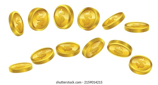 Set of gold coins money dollar with different angles view. Isolated on white background.