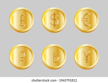 Set of gold coins on grey background. Vector illustration