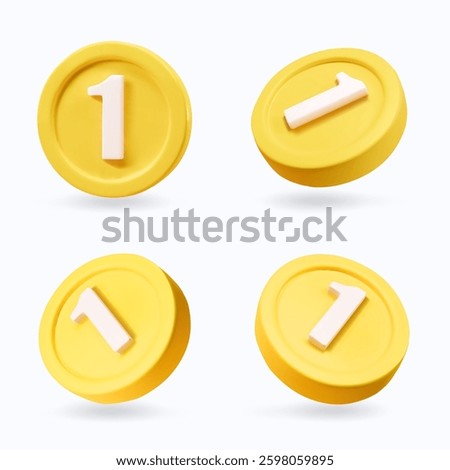Set of gold coins. One unit of value. Isolated 3d cartoon in different angles. Gold and wealth sign. Vector illustration.