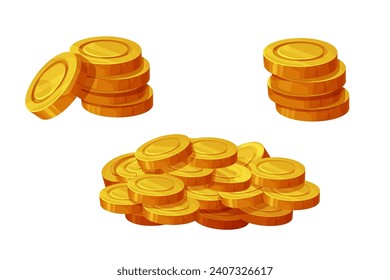 Ponga las monedas de oro apiladas, tesoro, aventura de activos de juegos de dinero o piratas al estilo de las caricaturas, dinero brillante montón aislado en fondo blanco.