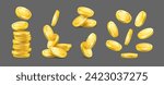 Set of Gold coins. Piles and stacks. Cash change money falling down. Business finance collection. Realistic Coins isolated on dark gray background. Vector illustration.