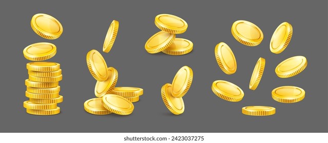 Set of Gold coins. Piles and stacks. Cash change money falling down. Business finance collection. Realistic Coins isolated on dark gray background. Vector illustration.