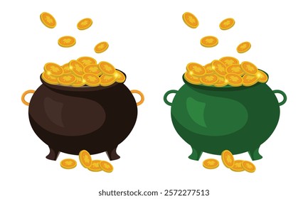 Set of Gold Coins Pot with Shamrock Clover Leaf Vector Illustration - Perfect for St. Patrick's Day Designs, isolated on White Background