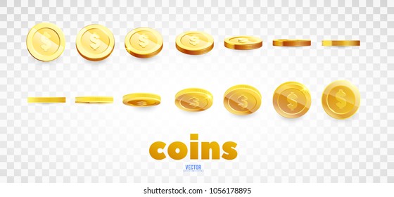 A set of gold coins. Realistic ten coins from different angles of view. Isolated on white. For your online casino design