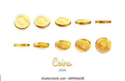 A set of gold coins. Realistic ten coins from different angles of view. Isolated on white. For your online casino design.