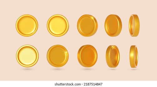 Set of gold coins. Rotating golden money. Collection applicable for gambling games, jackpot or bank or financial illustration. Can be used for video game awards, ribbons. Realistic vector illustration