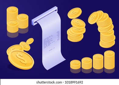 Set of gold coins and shop receipt.Vector illustration in isometric style