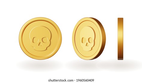 Set of gold coins with skull. Isolated 3d objects in different angles. metallic  gradient. mark symbol. Vector  illustration.    