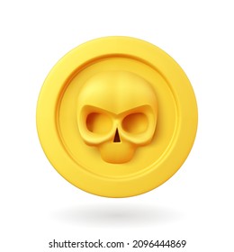 Set of gold coins with skull. Isolated 3d objects in different angles. metallic  gradient. mark symbol. Vector  illustration.
