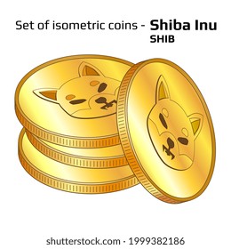 Set of gold coins in stack Shiba Inu SHIB in isometric view isolated on white. Vector illustration.