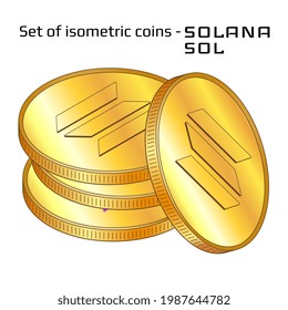 Set of gold coins in stack Solana SOL in isometric view isolated on white. Vector illustration.