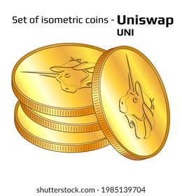 Satz Goldmünzen im Stack Uniswap UNI in isometrischer Ansicht einzeln auf weiß. Vektorgrafik.