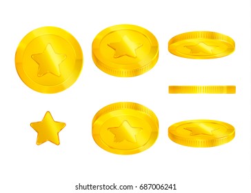 Set of gold coins with star, 3d, editable elements, realistic icon, isolated, transparent background for casino banner, money rain, cash, jackpot, luck win, game, web...