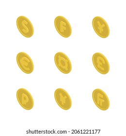 Set of gold coins with symbols of world currencies. Flat 3D isometric style, vector illustration.