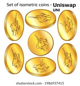 Set of gold coins Uniswap UNI in isometric view isolated on white. Vector illustration.