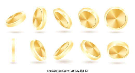 Set of gold coins in various dynamic positions, depicting motion and falling. Winning or jackpot concept. Vector illustration