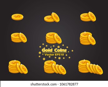 Set Of Gold coins vector EPS10 icon with dollar sign. on dark Background. Vector illustration.