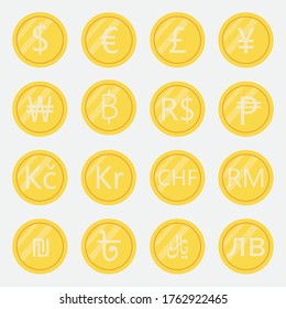 Set of Gold coins vector illustration. Gold coins in different currency.