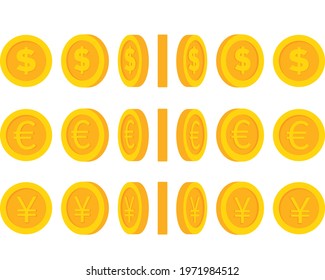 Set of gold coins, vector yellow metal money. Coins from different angles