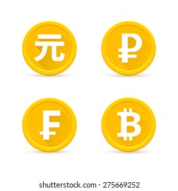 Set Of Gold Coins. Yuan, Ruble, Frank, Bitcoin.