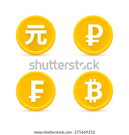 Set of gold coins. Yuan, Ruble, Frank, Bitcoin.