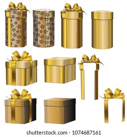 Set gold color boxes . box with bow gold color. 3D effect.