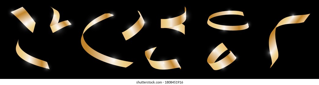 set of gold confetti on dark background, festive tinsel of different spiral shapes. New Year and Christmas holidays. Decoration of backgrounds and banners for any dark background. Vector
