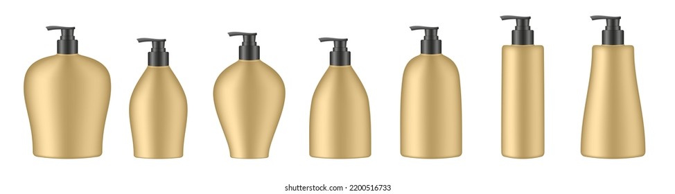 Set of gold cosmetic bottles with pump. Dispenser. Liquid soap or shower gel. Professional shampoo