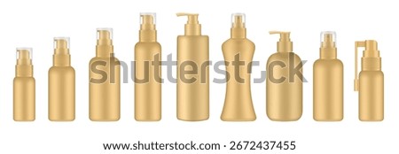 Set of gold cosmetic bottles with pump. Dispenser for soap or lotion. Plastic cosmetic containers. Serum or gel. Sore throat spray	
