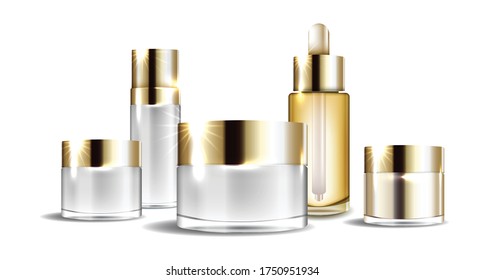 Set gold cosmetic packaging on white background, Vector illustration design.