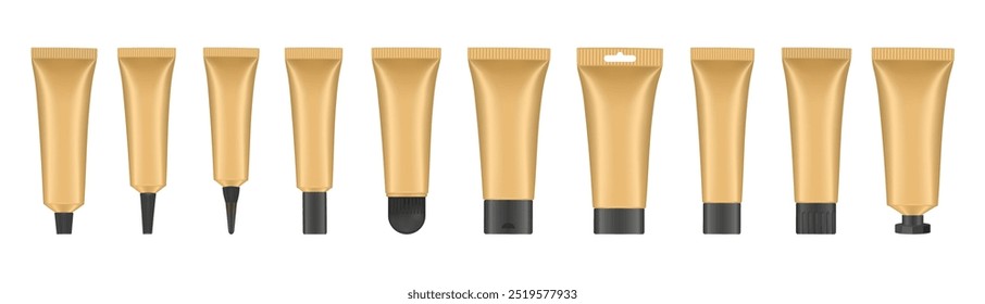 Set aus goldenen Kosmetikschläuchen mit schwarzen Kappen. Geschlossene, leere Rohre mit Kappen. Realistisches Modell. Langes Düsenrohr. für Salbe oder Salbe. Gelserum. Koreanische Verpackung. Lippenglanz. Zahnpasta. Handcreme