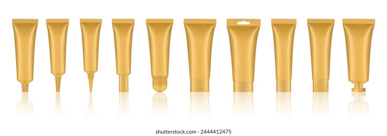 Set von goldenen Kosmetikröhren. Geschlossene Blindröhrchen mit Kappen. Realistische Attrappe. Langes Düsenrohr für Salbe oder Salbe. Gelserum. Koreanische Verpackung. Lipgloss. Zahnpasta. Handcreme