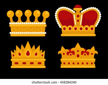 Set of gold crown flat icons. Vector isolated Illustration. Royal king or queen, princess crown. Awards for winners.