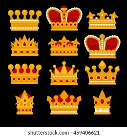 Set of gold crown flat icons. Vector isolated Illustration. Royal king or queen, princess crown. Awards for winners.