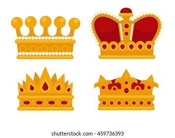 Set of gold crown flat icons. Vector isolated Illustration. Royal king or queen, princess crown. Awards for winners.