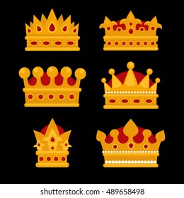 Juego de iconos planos de la corona de oro. Ilustración aislada por vectores. Rey real o reina, corona princesa. Premios para ganadores.