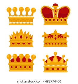 Set of gold crown flat icons. Vector isolated Illustration. Royal king or queen, princess crown. Awards for winners.