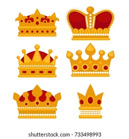 Set of gold crown flat icons.