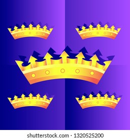 Set of gold crown icons. Collection of crown awards for winners, champions, leadership. Vector isolated elements for logo, label, game, hotel, an app design. Royal king, queen, princess crown. 