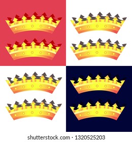 Set of gold crown icons. Collection of crown awards for winners, champions, leadership. Vector isolated elements for logo, label, game, hotel, an app design. Royal king, queen, princess crown. 