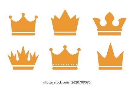 Set of gold crown icons. Collection of crown awards for winners, champions, leadership. Vector isolated elements for logo, label, game, hotel, an app design. Royal king, queen, princess crown.
