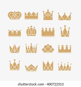 Set of gold crown icons. Collection of crown awards for winners, champions, leadership. Vector isolated elements for logo, label, game, website, hotel, an app design.   Royal line icons. 