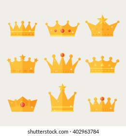 Set of gold crown icons. Collection of crown awards for winners, champions, leadership. Vector isolated elements for logo, label, game,  hotel, an app design. Royal king, queen, princess crown. 