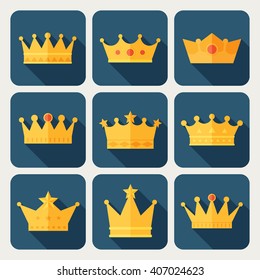 Set of gold crown icons. Collection of crown awards for winners, champions, leadership. Vector isolated elements for logo, label, game,  hotel, an app design.  Royal king, queen or princess crown. 